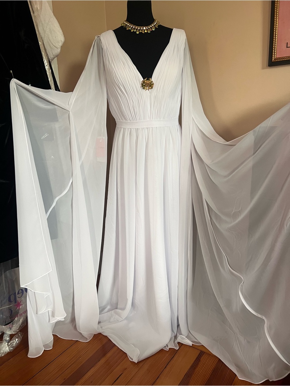 JJs House White Chiffon V-Neck Maxi Gown with Draped Cape Sleeves - Picture 2 of 7